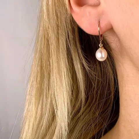 Ovale 7 - 8 mm aaa-graded ferskvandsperle øreringe i 14 karat guld med 