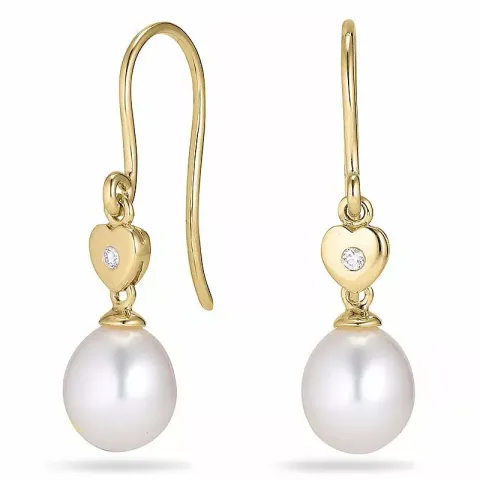 Ovale 7 - 8 mm aaa-graded ferskvandsperle øreringe i 14 karat guld med diamanter