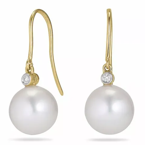 Runde 9 - 10 mm aaa-graded ferskvandsperle diamantøreringe i 14 karat guld med diamanter