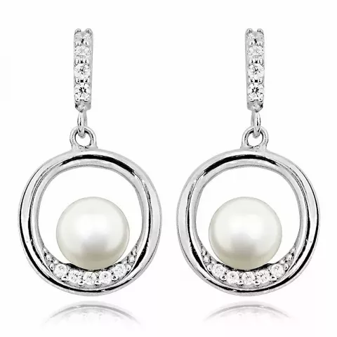 runde hvide perle øreringe i sølv med rhodinering