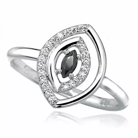 Bred oval sort zirkon ring i rhodineret sølv