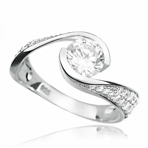 Elegant rund hvid zirkon ring i rhodineret sølv
