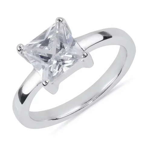 firkantet hvid zirkon ring i rhodineret sølv