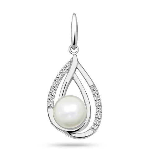 Stort dråbe perle vedhæng i rhodineret sølv