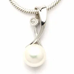 Langt hvid perle vedhæng i rhodineret sølv