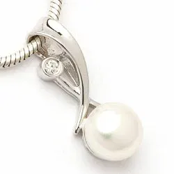 Langt hvid perle vedhæng i rhodineret sølv