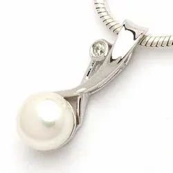 Langt hvid perle vedhæng i rhodineret sølv