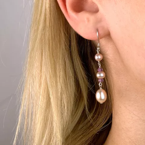 Lange perle øreringe i rhodineret sølv