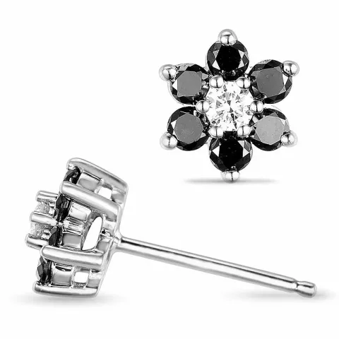 blomster sorte diamant ørestikker i 14 karat hvidguld med diamant og sort diamant