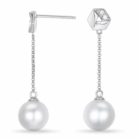 lange perle brillantøreringe i 14 karat hvidguld med diamant 