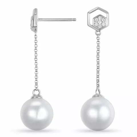 lange perle brillantøreringe i 14 karat hvidguld med diamant 