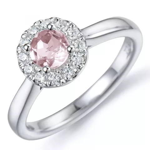 rund rosakvarts diamantring i 14 karat hvidguld 0,50 ct 0,22 ct