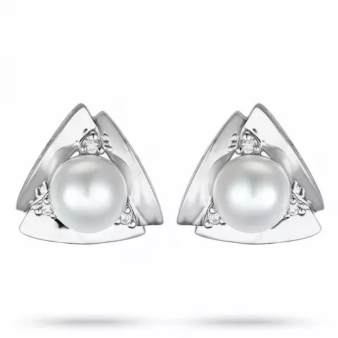 trekantet perle diamantøreringe i 14 karat hvidguld med diamant 