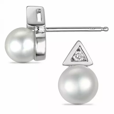 Trekantet perle diamantøreringe i 14 karat hvidguld med diamanter 