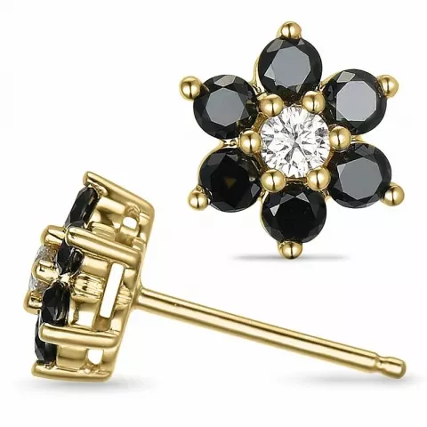 blomster sorte diamant øreringe i 14 karat guld med diamant og sort diamant 