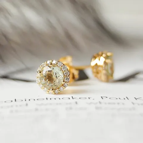 runde grønne ametyst diamantøreringe i 14 karat guld med diamant og ametyst