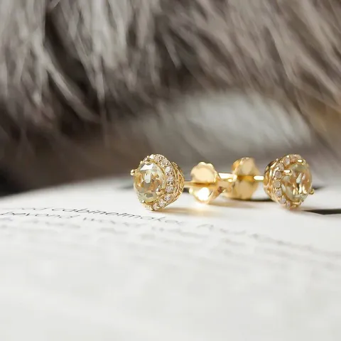 runde grønne ametyst diamantøreringe i 14 karat guld med diamant og ametyst