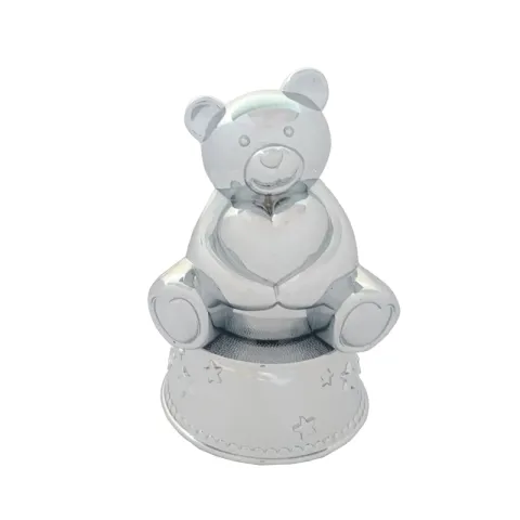 Dåbsgaver: bamse sparebøsse med musik i forkromet model: 152-86291