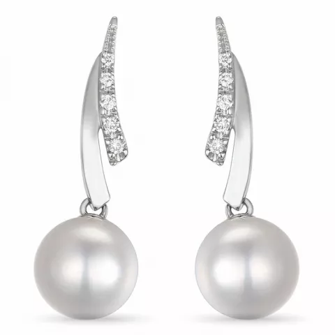 lange perle brillantøreringe i 14 karat hvidguld med diamant 