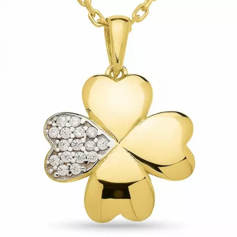 hjerte firkløver halskæde i forgyldt sølv med hjertevedhæng i 9 karat guld