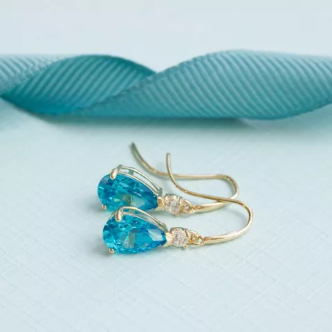 dråbe blå øreringe i 9 karat guld med zirkon og syntetisk topas