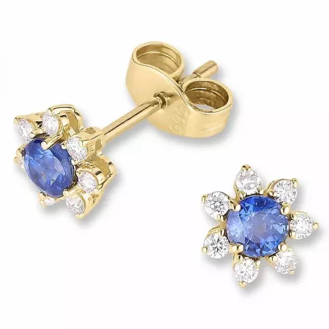 blomster blå safir diamantøreringe i 14 karat guld med diamant og safir 