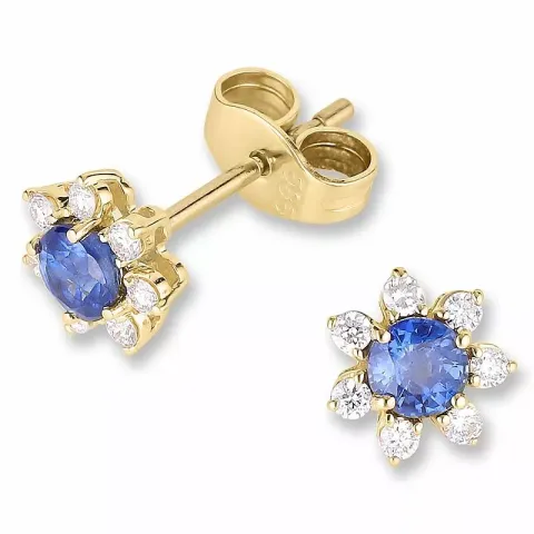 blomster blå safir diamantøreringe i 14 karat guld med diamant og safir