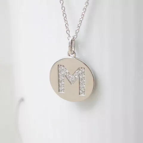 bogstav M zirkon halskæde i rhodineret sølv med vedhæng i rhodineret sølv