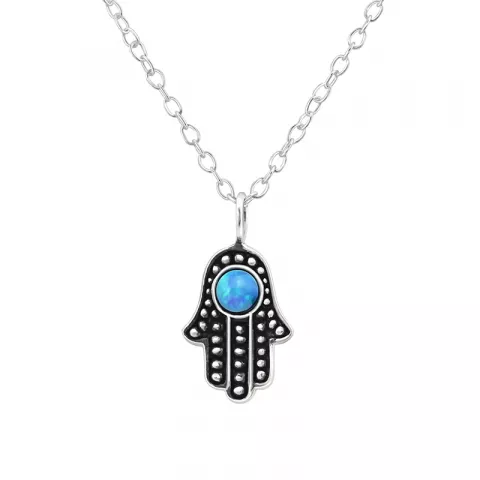 Hamsas hånd blå opal vedhæng med halskæde i sølv