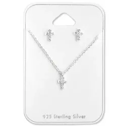 Kors krystal sæt med øreringe og halskæde i sølv