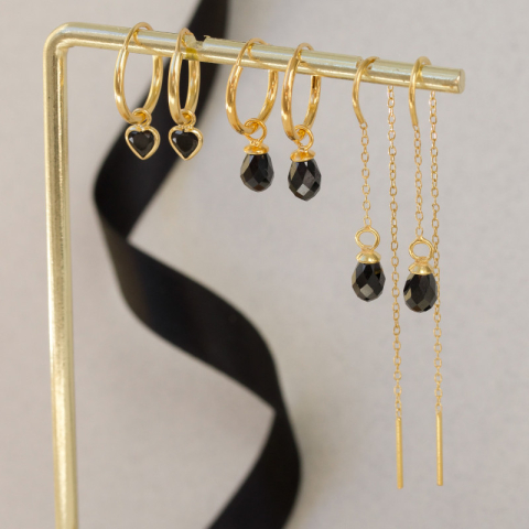 12 mm sorte zirkon creoler i forgyldt sølv - Loom Stones