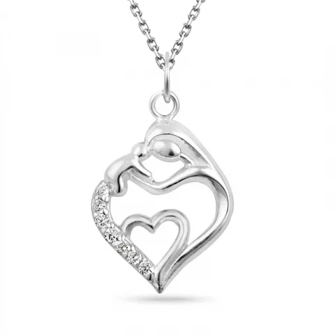 hjerte mor og barn zirkon halskæde i sølv med vedhæng i sølv