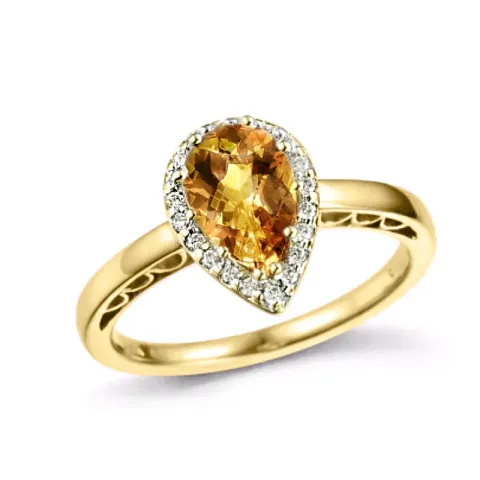 dråbe citrin diamantring i 14 karat guld 1,55 ct 0,10 ct