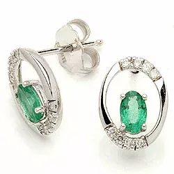 ovale smaragd ørestikker i 14 karat hvidguld med diamant og smaragd 