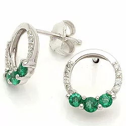 runde smaragd ørestikker i 14 karat hvidguld med diamant og smaragd 