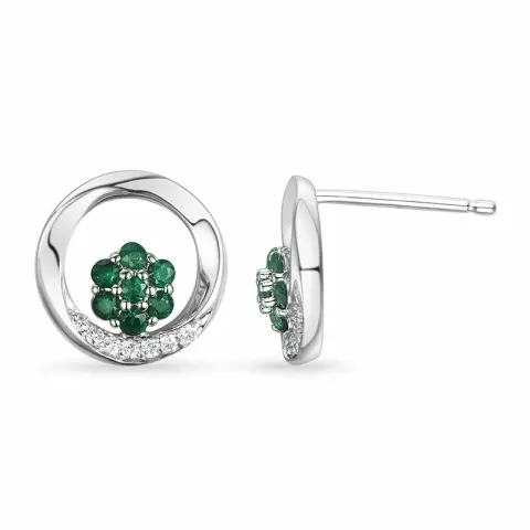 runde blomster smaragd ørestikker i 14 karat hvidguld med diamant og smaragd