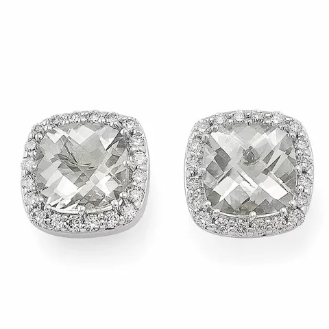 firkantet diamant ørestikker i 14 karat hvidguld med diamant og kvarts