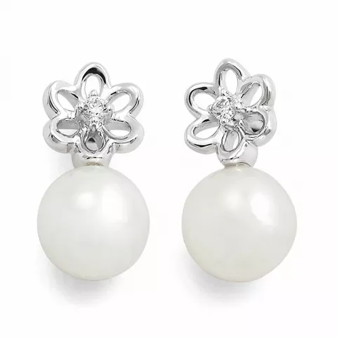 blomster perle ørestikker i 14 karat hvidguld med diamant 