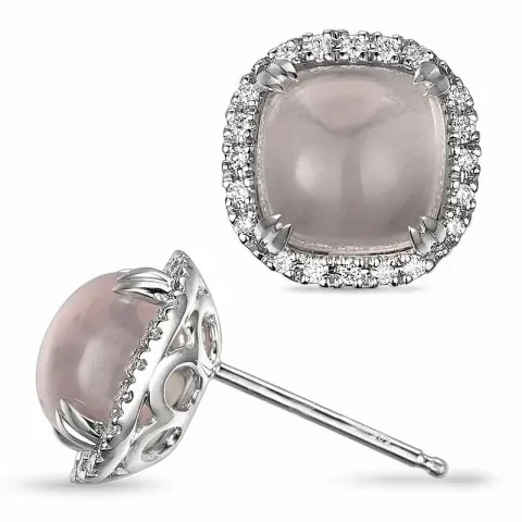firkantet rosa kvarts ørestikker i 14 karat hvidguld med diamant og kvarts