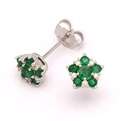 blomster smaragd ørestikker i 14 karat hvidguld med diamant og smaragd