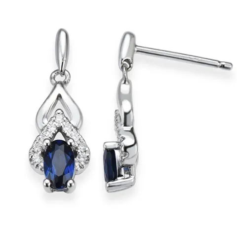 lange blå safir diamantøreringe i 14 karat hvidguld med diamant og safir