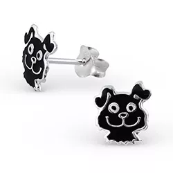 Hunde sorte emalje øreringe i sølv