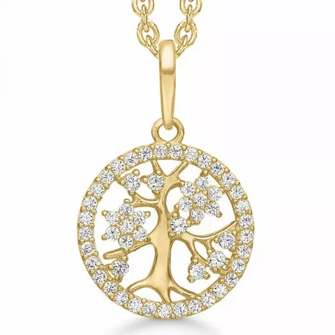 Støvring Design livets træ Halskæde med vedhæng i 8 karat guld med forgyldt sølvhalskæde hvid zirkon