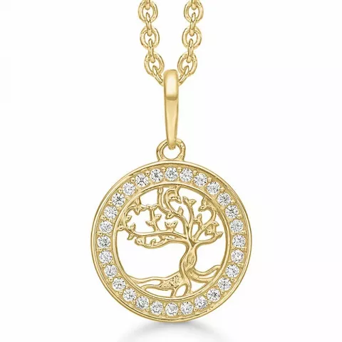 12 mm Støvring Design livets træ zirkon vedhæng med halskæde i 8 karat guld med forgyldt sølvhalskæde hvid zirkon