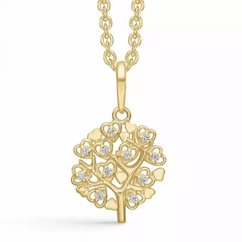 Støvring Design livets træ zirkon vedhæng med halskæde i 8 karat guld med forgyldt sølvhalskæde hvid zirkon