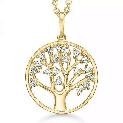 Støvring Design livets træ zirkon vedhæng med halskæde i 14 karat guld med forgyldt sølvhalskæde hvid zirkon