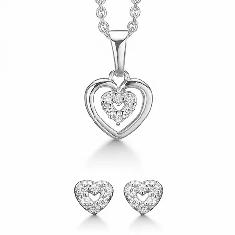 Støvring Design hjerte sæt med øreringe og halskæde i rhodineret sølv hvide zirkoner