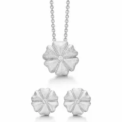 Støvring Design blomst smykkesæt i rhodineret sølv hvide zirkoner