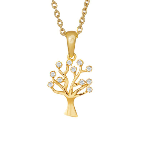 Siersbøl livets træ vedhæng med halskæde i 8 karat guld med forgyldt sølvhalskæde hvid zirkon