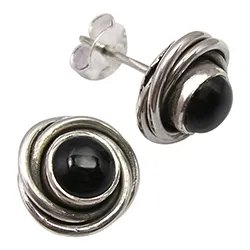 Runde sorte onyks øreringe i oxideret sterlingsølv